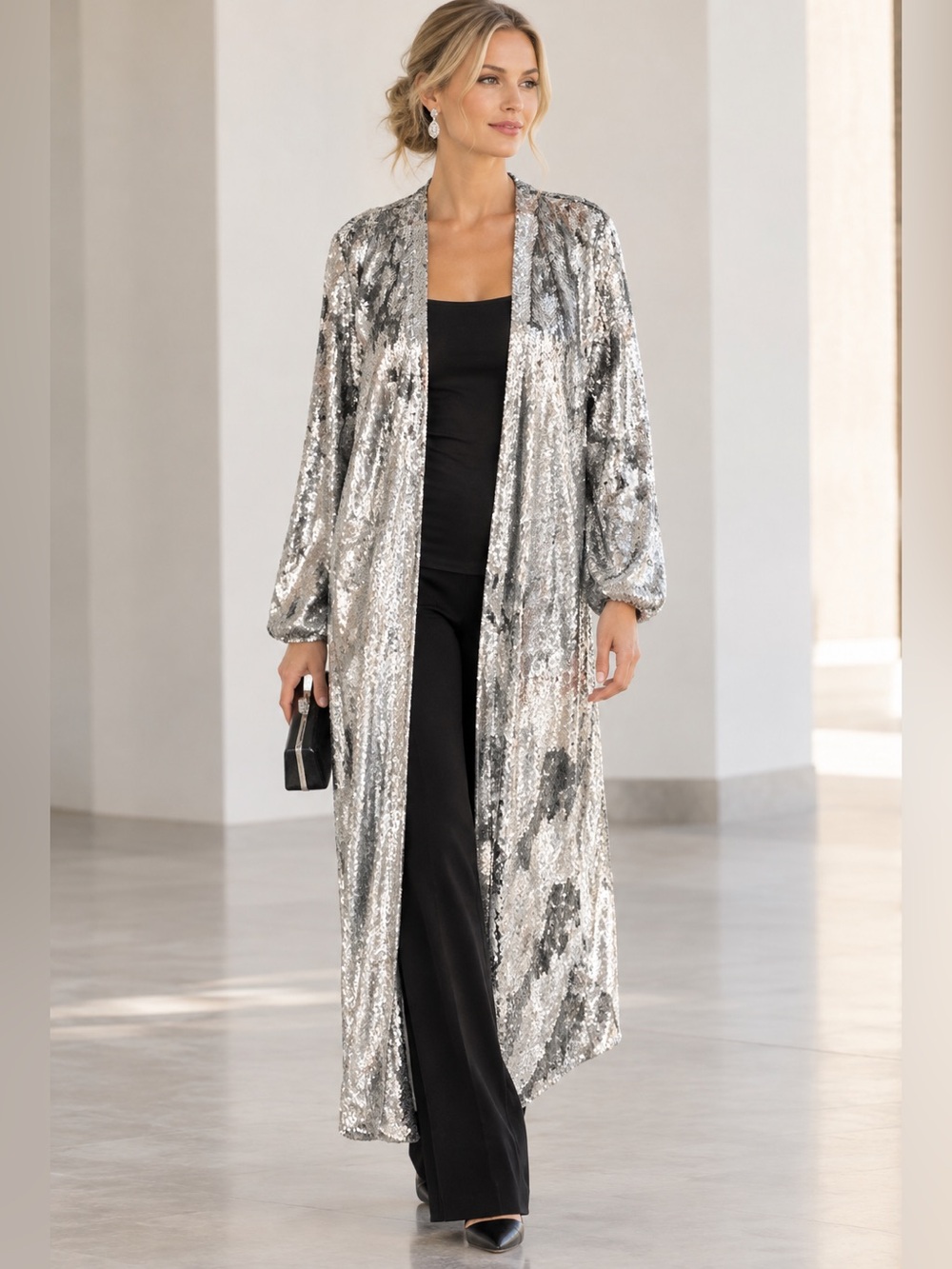 Blanka The Label Silver Sequin Long Duster Kimono Jacket XL